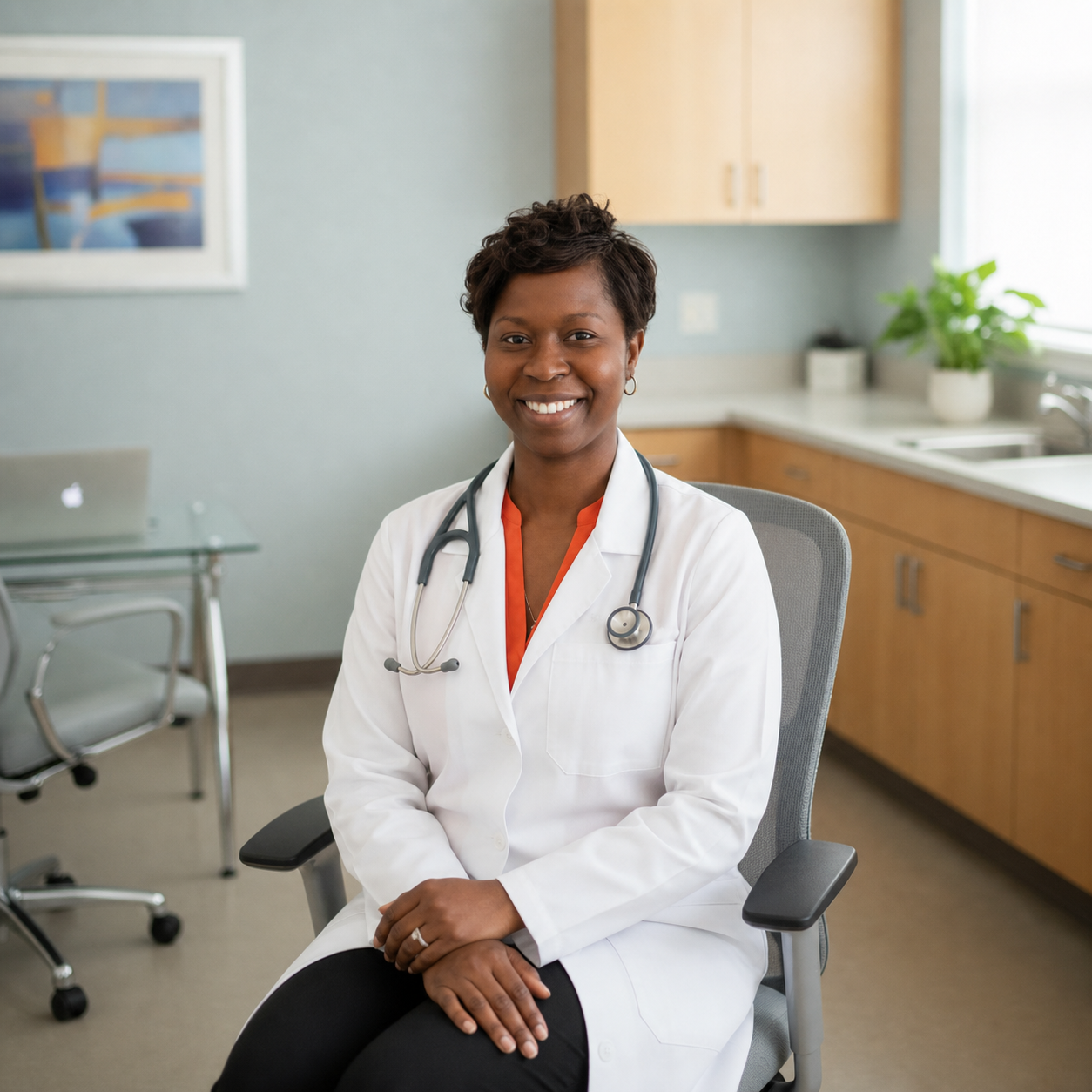 Dr. Leemu Kerkula seated in her medical office